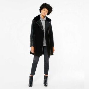 Zara Black Alpaca Wool Blend Coat with Moto Vegan Leather Quilted Sleeves Small